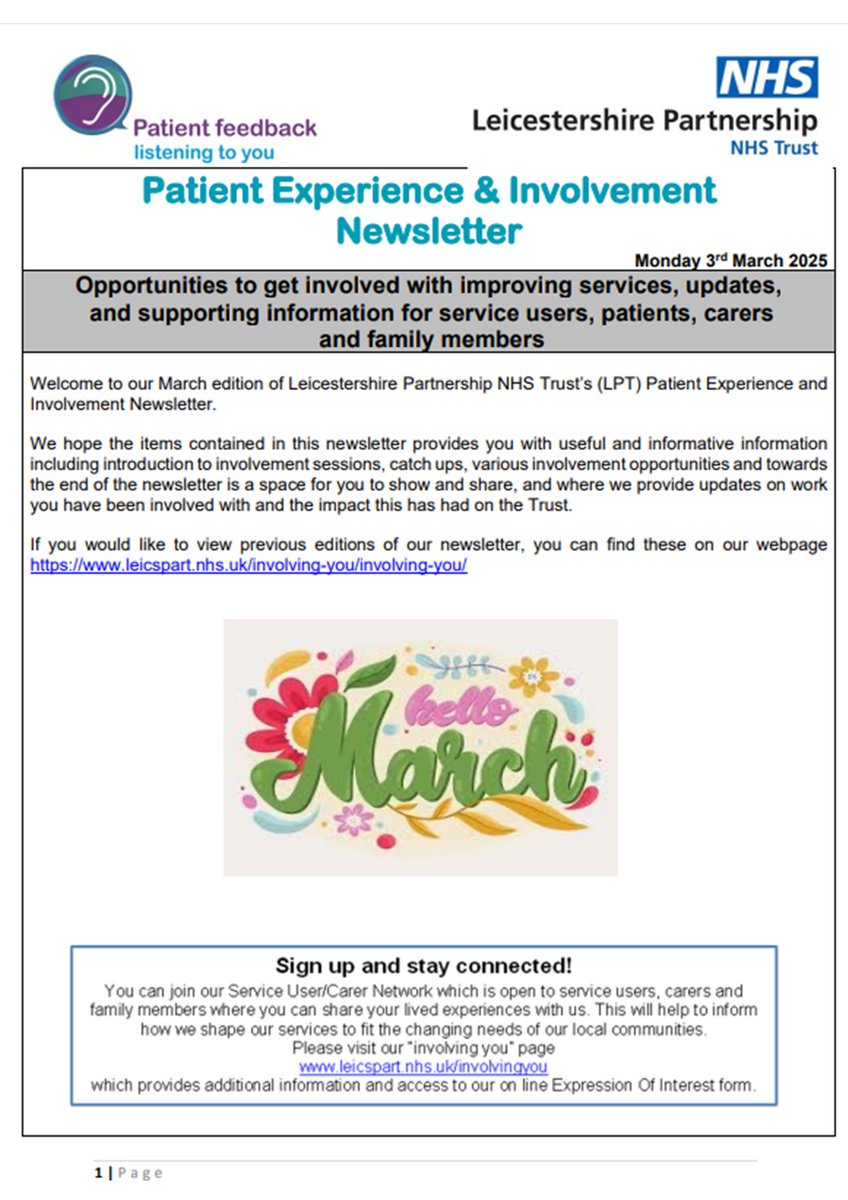 March edition of the patient experience &amp; Involvement Newsletter is out now. Find opportunities to get involved &amp; updates shorturl.at/2kIvy
<a href="/dietitians_lpt/">LPT Dietitians</a> <a href="/LPT_CAMHS/">LPT CAMHS & PMHT</a> <a href="/LPTOTBradgate/">LPT O.T (Bradgate)</a> <a href="/LPTarts/">Lydia and Tim</a> <a href="/RecoveryCollege/">Leicestershire Recovery College</a>