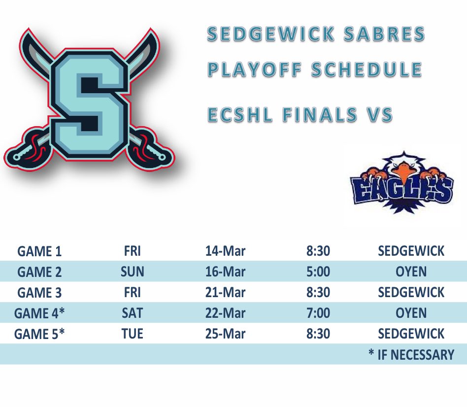 Schedule for the ECSHL Finals against the Oyen Eagles has been set. First game this Friday at home. Puck drop 8:30!