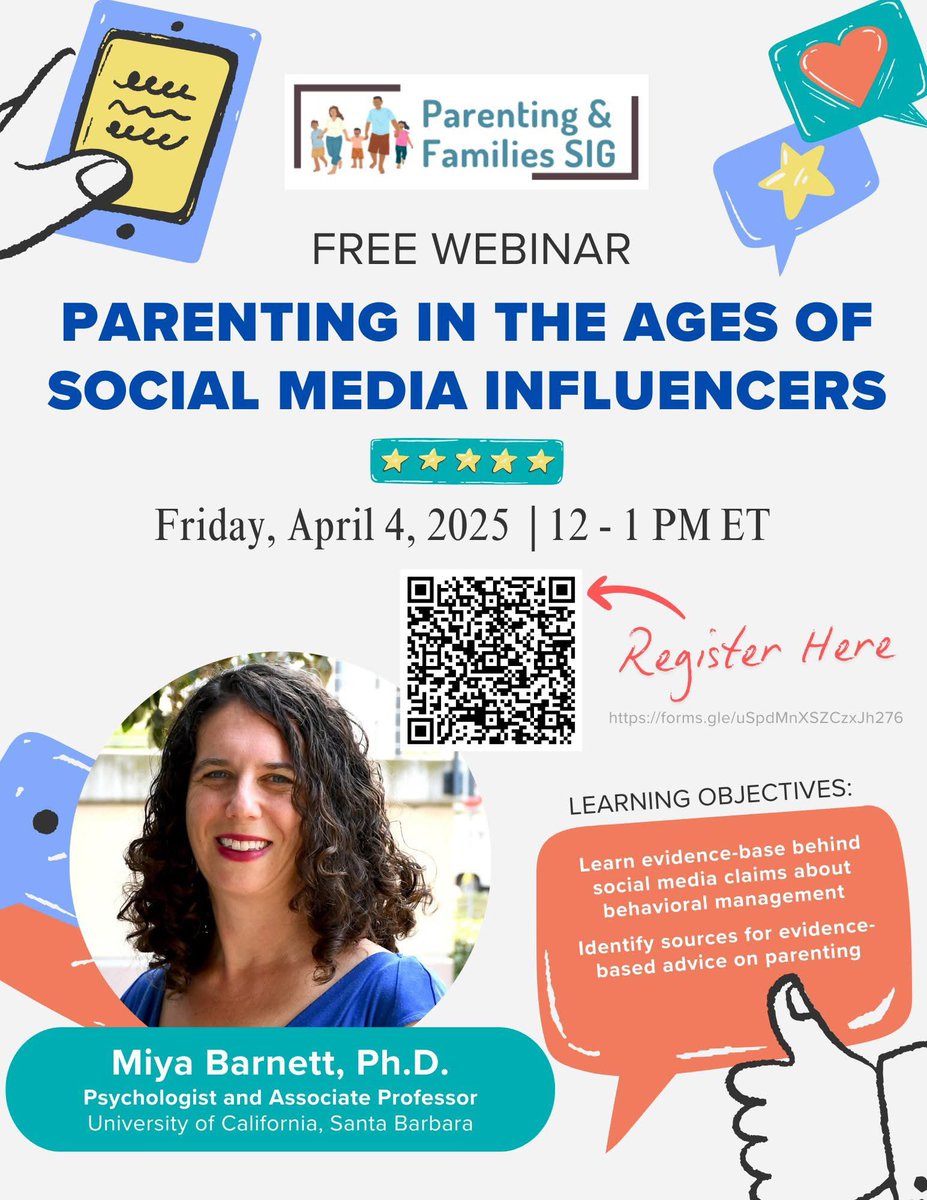 ABCT Parenting and Families SIG (@abctpfsig) on Twitter photo Our next ✨AMAZING & FREE✨ webinar will be held on Friday, April 4 <a href="/12pm/">nour zohbi</a> ET on the topic of: Parenting in the Ages of Social Media Influencers. All professionals and parents who may find this helpful are welcomed!
Register here: forms.gle/uSpdMnXSZCzxJh… Our next ✨AMAZING & FREE✨ webinar will be held on Friday, April 4 <a href="/12pm/">nour zohbi</a> ET on the topic of: Parenting in the Ages of Social Media Influencers. All professionals and parents who may find this helpful are welcomed!
Register here: forms.gle/uSpdMnXSZCzxJh…