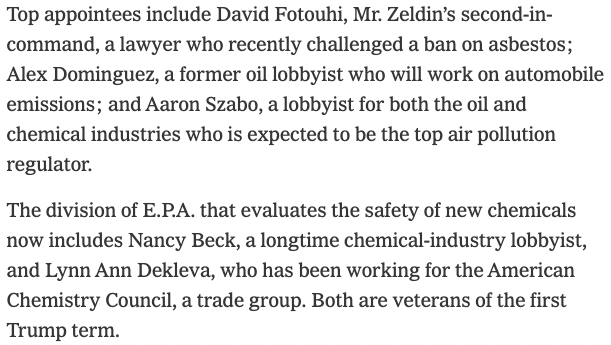 jmillerlewis's tweet photo. The top people Trump appointed to run the EPA are all oil, gas, and chemical lobbyists https://t.co/heo0OGFRyO