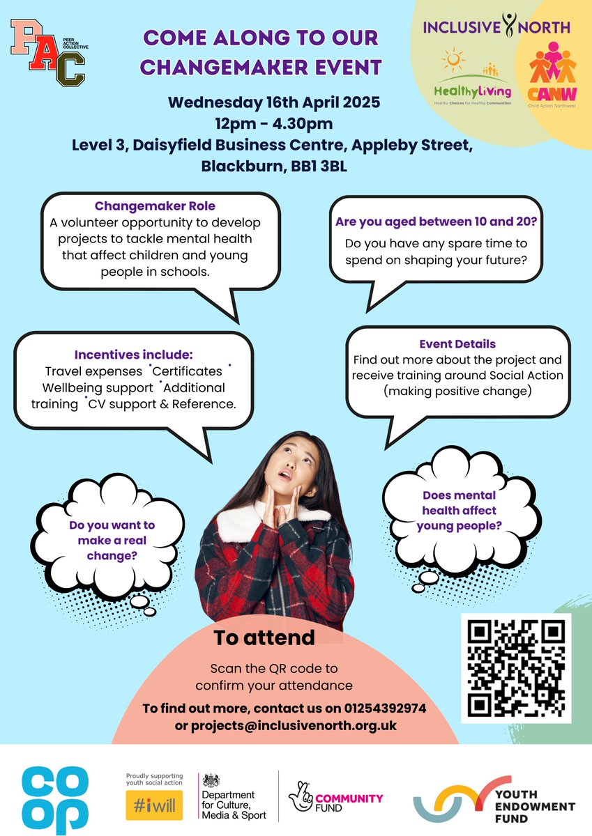 Come along to our Changemaker Event!
To register your attendance, scan the QR code or follow this link: shorturl.at/zD4sz

Funded by the @youthendowfund, <a href="/coopuk/">Co-op</a>, @iwill_movement, @tnlcommunityfund and @dcmsgovuk.

#peeractioncollective #forsaferfairercommunities