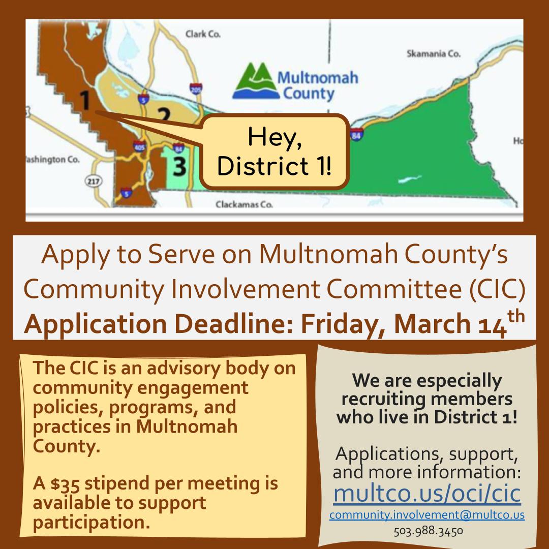 MultCoOCI's tweet image. Apply today for the @multco Community Involvement Committee! Priority applications due this Friday, 3/14. earn more: multco.us/info/apply-com… and apply online by 3/14: bttr.im/a6vcf