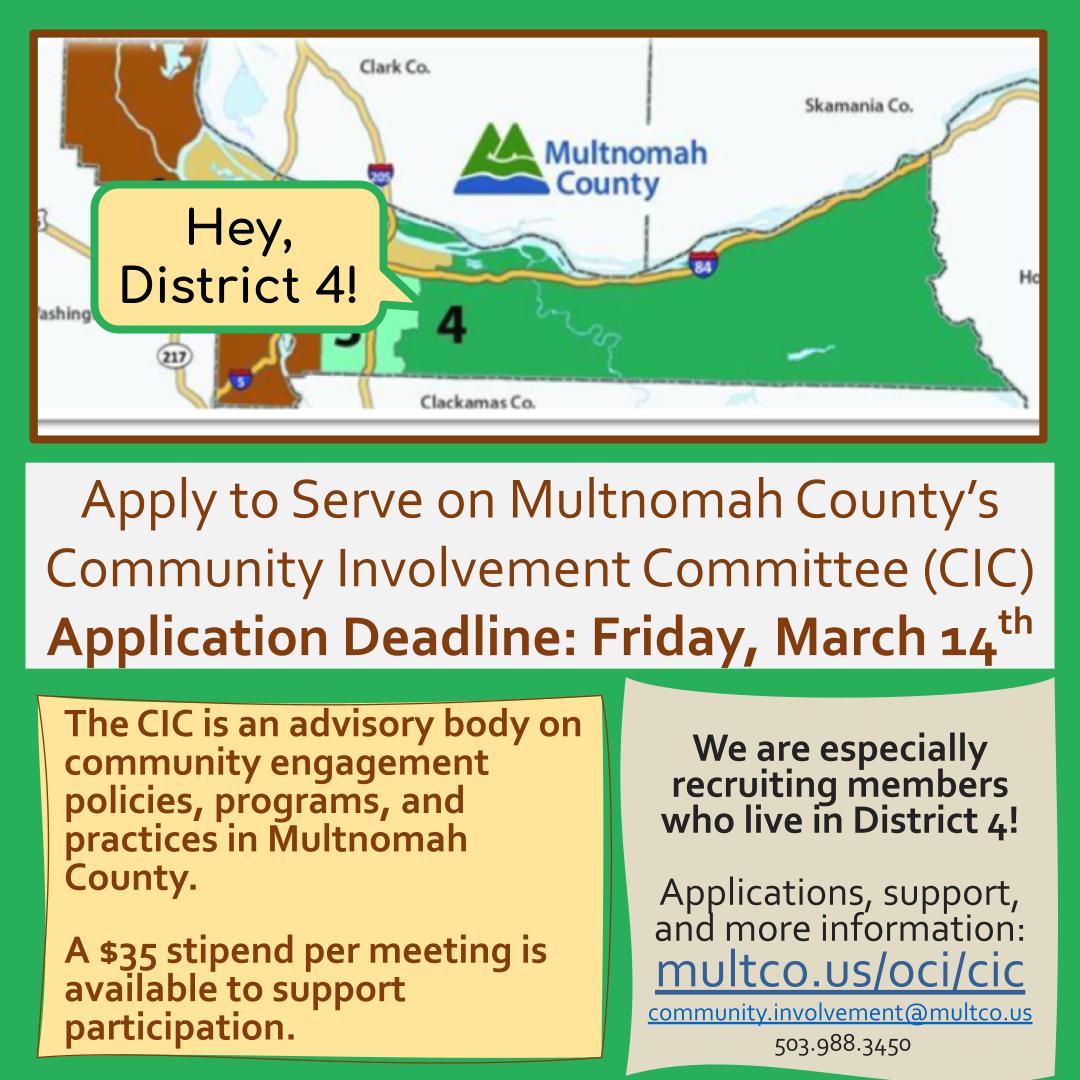 MultCoOCI's tweet image. Apply today for the @multco Community Involvement Committee! Priority applications due this Friday, 3/14. earn more: multco.us/info/apply-com… and apply online by 3/14: bttr.im/a6vcf