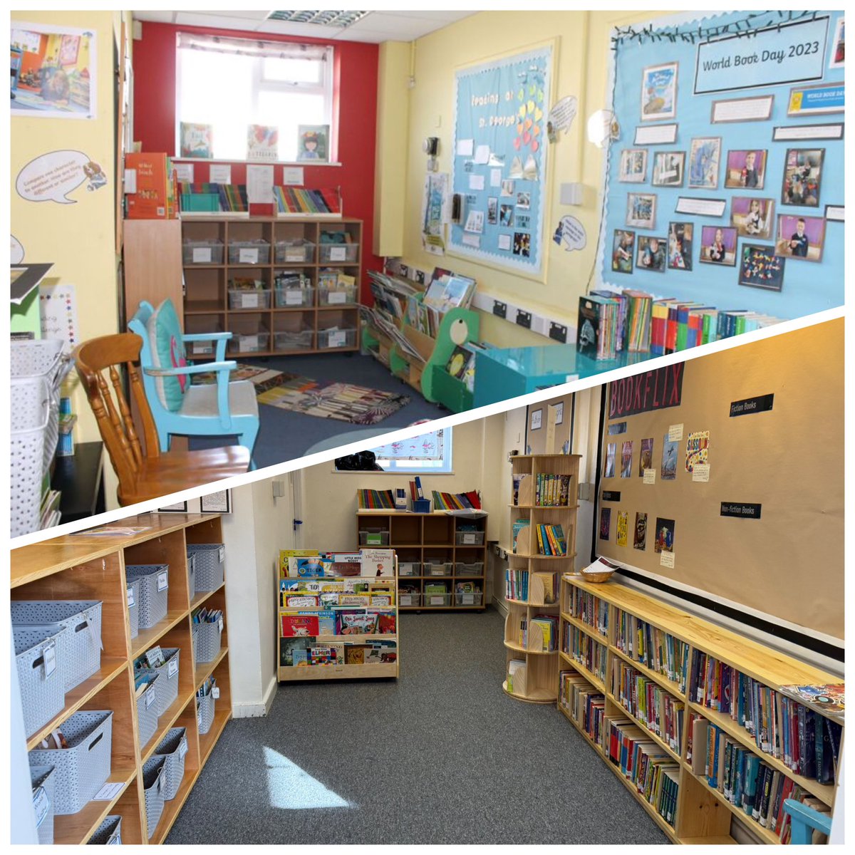 Improved library spaces - you’ve got it! <a href="/StGeorgesPlym/">St. George's</a> are almost finished renovating their library. I love the clutter free, calm environment that they are creating, complete with beautiful shelving made by a talented parent. Before top, almost complete refresh below.