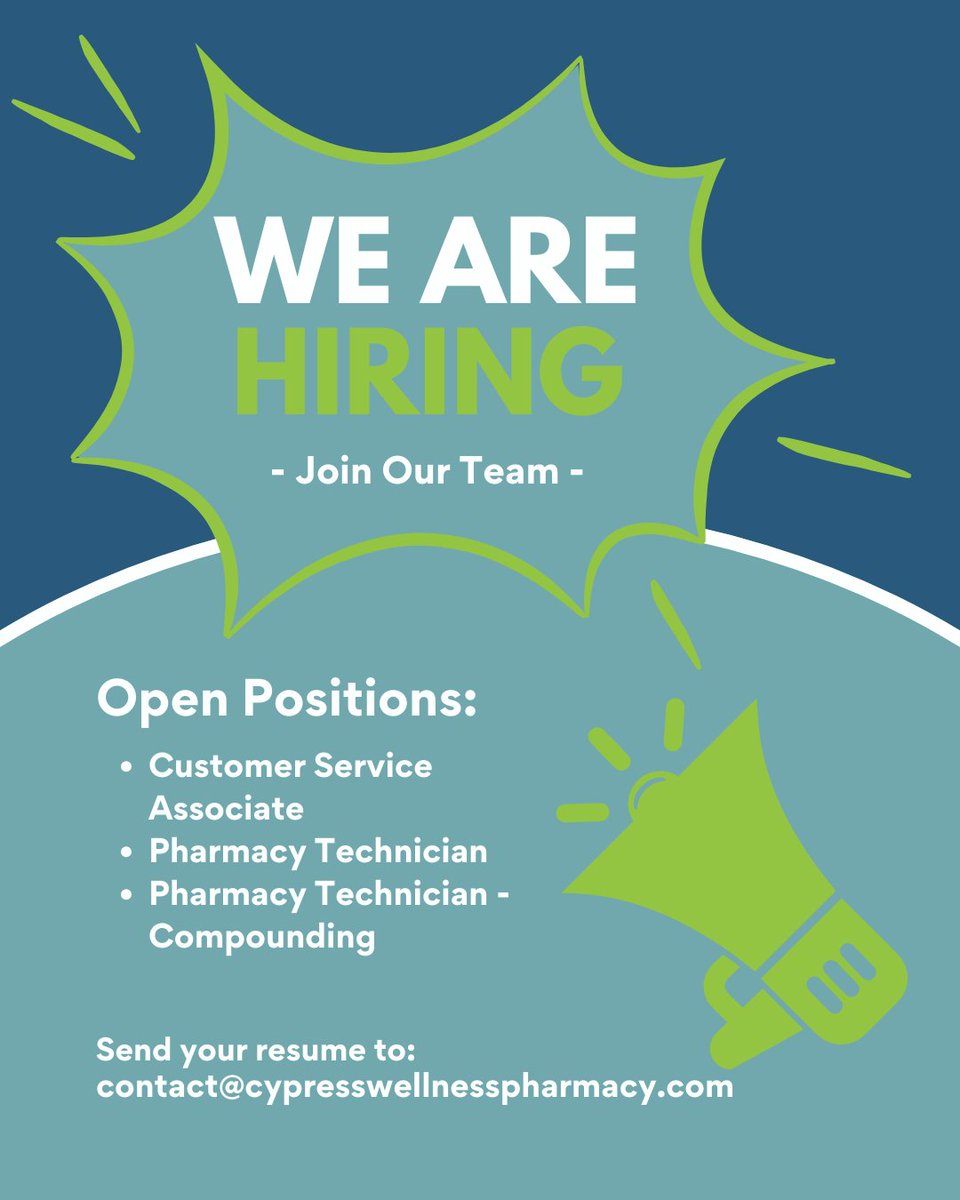 📢 We’re Hiring! Join Our Cypress Wellness Family! 🌿💙

Cypress Wellness Pharmacy is growing, and we’re looking for amazing team members to join us! We are currently accepting applications for:

🔹 Customer Service Associate
🔹 Pharmacy Technician (Must be licensed)
🔹...