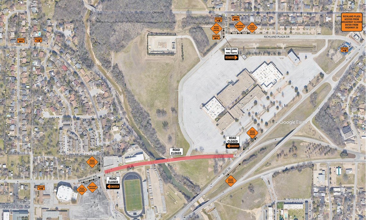 ROAD CONSTRUCTION - Mar 17-21, 2025
Broadway Ave between Willowcrest and Blvd 26

Contractor continues work here, which will result in closure of Broadway Ave. from Willowcrest Dr to Blvd 26 btwn Mar 17-21 (BISD Spring Break). This will be a full closure at the bridge.
