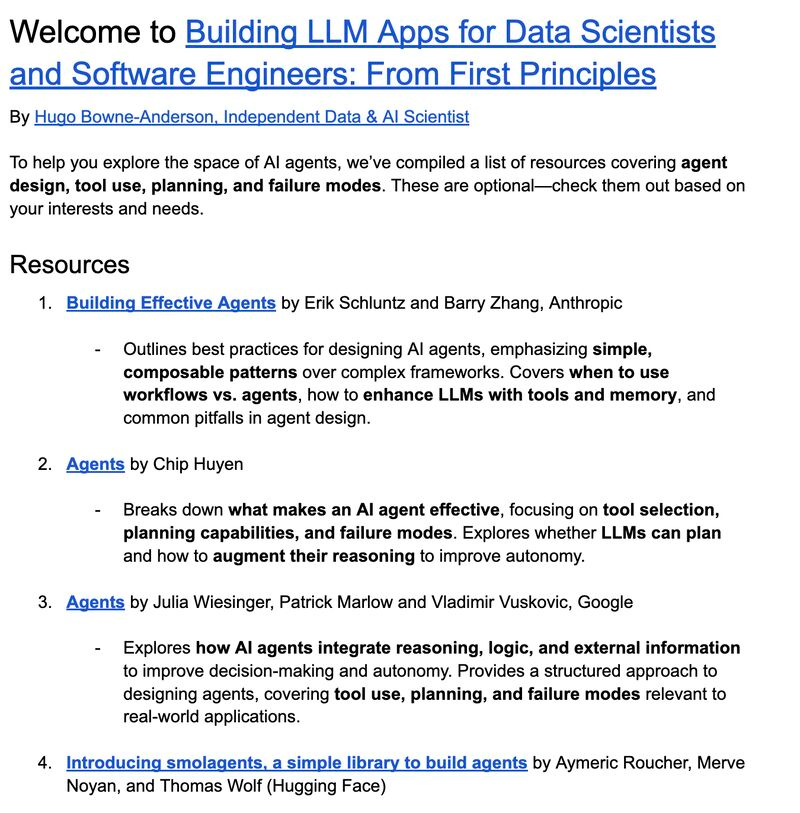 Hugo Bowne-Anderson (@hugobowne) on Twitter photo 🛠️ Best Free Resources for Building AI Agents
I put together this handpicked list of free resources to help folks ramp up for my course Building LLM Apps for Data Scientists and Software Engineers (which I teach with <a href="/stefkrawczyk/">Stefan Krawczyk</a>). But I realized it might be useful to a 🛠️ Best Free Resources for Building AI Agents
I put together this handpicked list of free resources to help folks ramp up for my course Building LLM Apps for Data Scientists and Software Engineers (which I teach with <a href="/stefkrawczyk/">Stefan Krawczyk</a>). But I realized it might be useful to a
