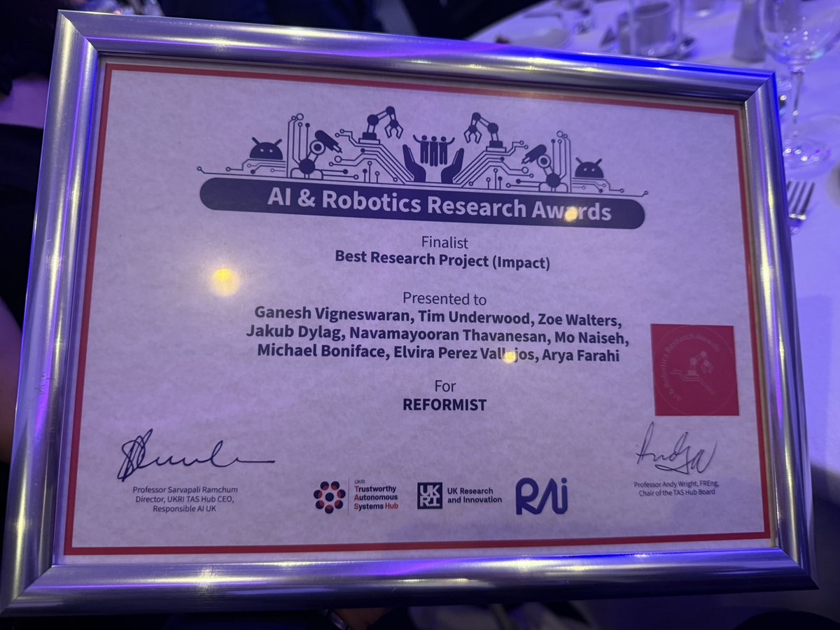 Tim Underwood (@timthesurgeon) on Twitter photo Finalists at the <a href="/responsibleaiuk/">Responsible Ai UK</a> <a href="/tas_hub/">UKRI TAS Hub</a> and <a href="/UKRI_News/">UK Research and Innovation</a> AI & Robotics Research Awards 2025. A fantastic collaboration between <a href="/UHSFT/">University Hospital Southampton 💙</a> and <a href="/unisouthampton/">University of Southampton</a> Deploying responsible AI for oesophageal cancer treatment decisions. Finalists at the <a href="/responsibleaiuk/">Responsible Ai UK</a> <a href="/tas_hub/">UKRI TAS Hub</a> and <a href="/UKRI_News/">UK Research and Innovation</a> AI & Robotics Research Awards 2025. A fantastic collaboration between <a href="/UHSFT/">University Hospital Southampton 💙</a> and <a href="/unisouthampton/">University of Southampton</a> Deploying responsible AI for oesophageal cancer treatment decisions.