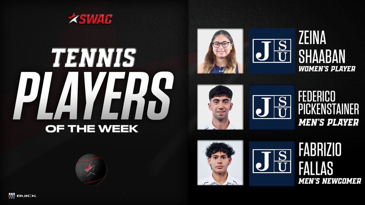 theswac's tweet photo. SWAC Tennis Players of the Week: Mar. 12

🐅 Zeina Shaaban, Women’s Player
🐅 Federico Pickenstainer, Men’s Player
🐅 Fabrizio Fallas, Men’s Newcomer

@gatorade

#SWACTEN | #BuildingChampionsForLife https://t.co/fsO75u4Pvs