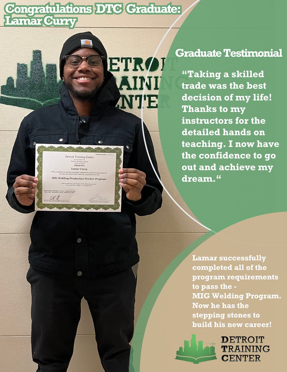 Continuing our graduates accomplishments we have Lamar Curry. His continued pursuit to success has opened the doors to the new industry of Welding. #accomplishment