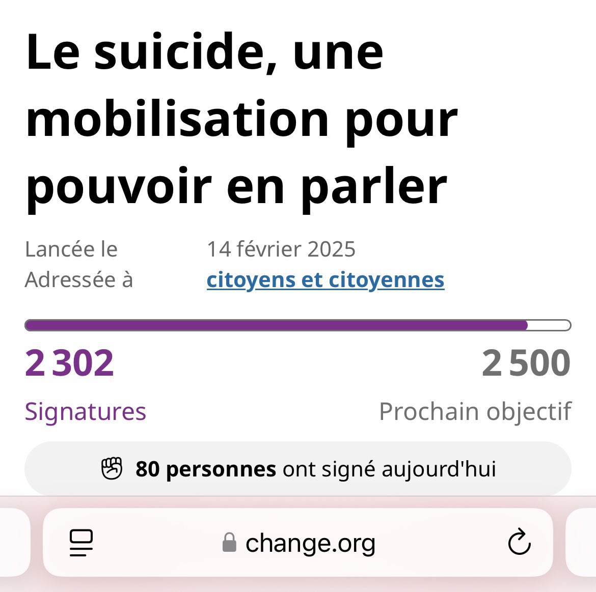 Le prochain objectif sera atteint grâce à vous. 
À votre réseau.
À vos collègues.
À votre entourage.

Vous aussi, vous pouvez agir : signez et relayez 🎗️

change.org/ParleMoiDeTonS…