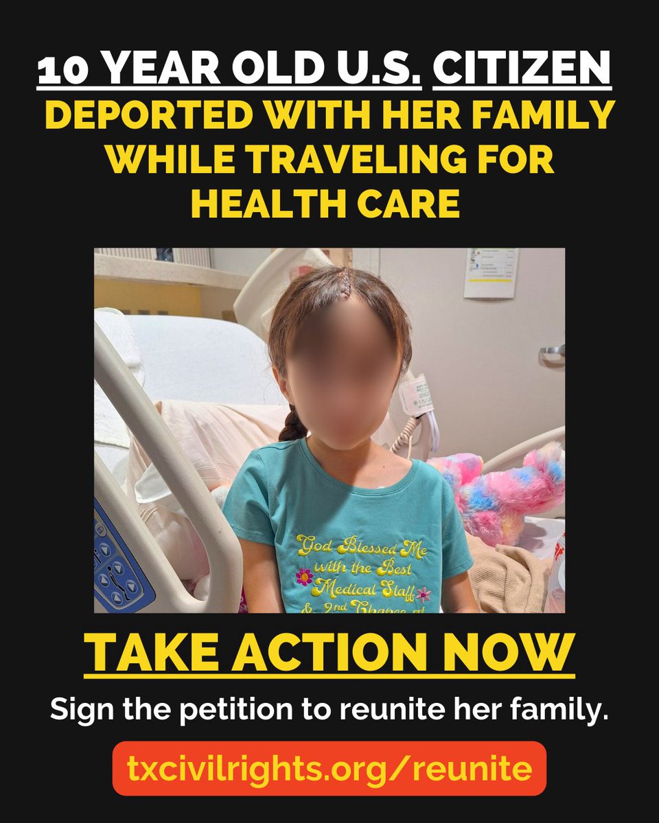 📢 A family was torn apart while seeking medical care for their daughter with brain tumor. Now, they are stranded in Mexico, separated from their U.S. citizen children. This should never happen.

🖊 Sign the petition to reunite them: txcivilrights.org/reunite

#EndFamilySeparation
