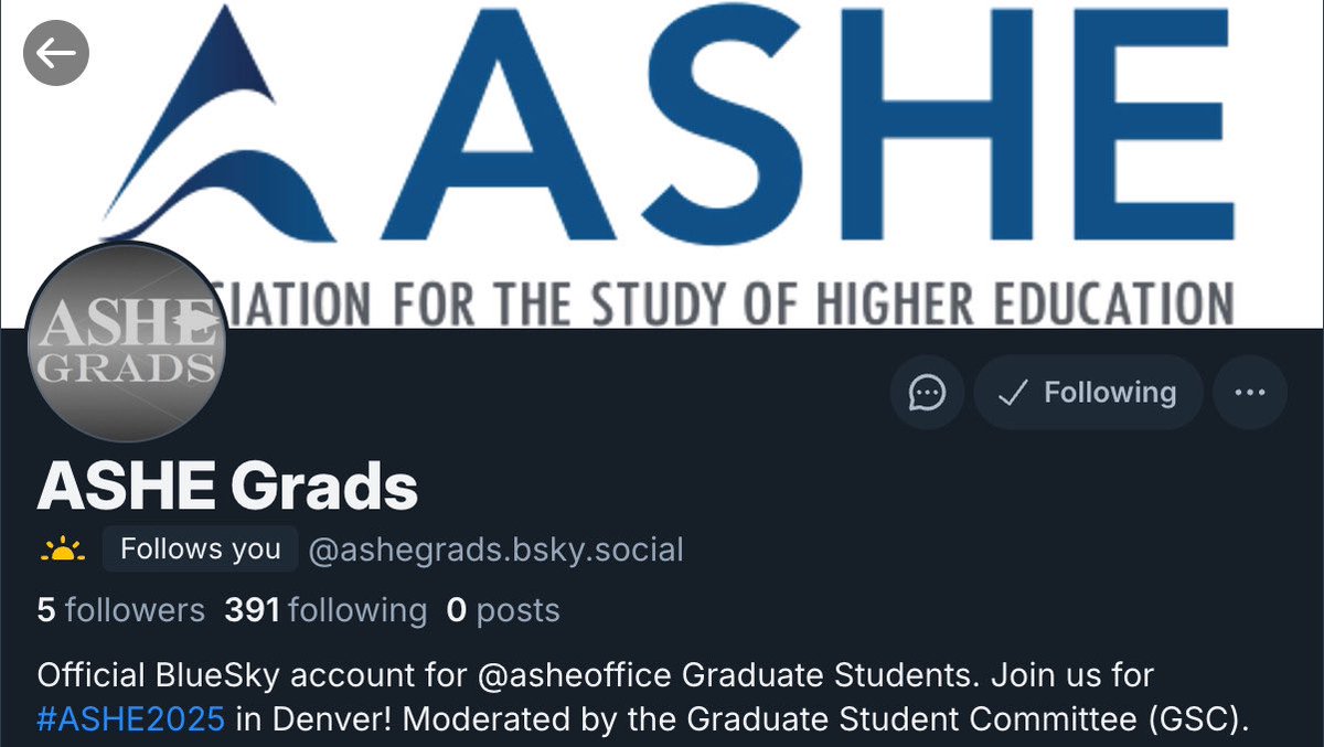 audrazona's tweet image. Follow ASHE Grads on BlueSky to stay informed on upcoming events for graduate students at #ASHE2025 in Denver, CO!