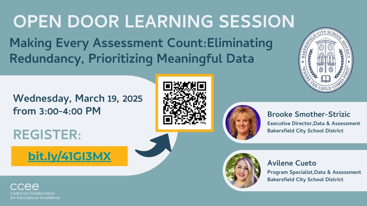 CCEE (@cceeca) on Twitter photo 🚨 WEBINAR ALERT! 🚨
How can schools cut assessment overload & focus on what truly matters? Join us for a free webinar with Bakersfield City SD <a href="/Team_BCSD/">Bakersfield City School District</a> as they share how they streamlined assessments & improved data use.
📅 Wednesday March 19 ⏰ 3:00 to 4:00 PM
🔗 Register 🚨 WEBINAR ALERT! 🚨
How can schools cut assessment overload & focus on what truly matters? Join us for a free webinar with Bakersfield City SD <a href="/Team_BCSD/">Bakersfield City School District</a> as they share how they streamlined assessments & improved data use.
📅 Wednesday March 19 ⏰ 3:00 to 4:00 PM
🔗 Register