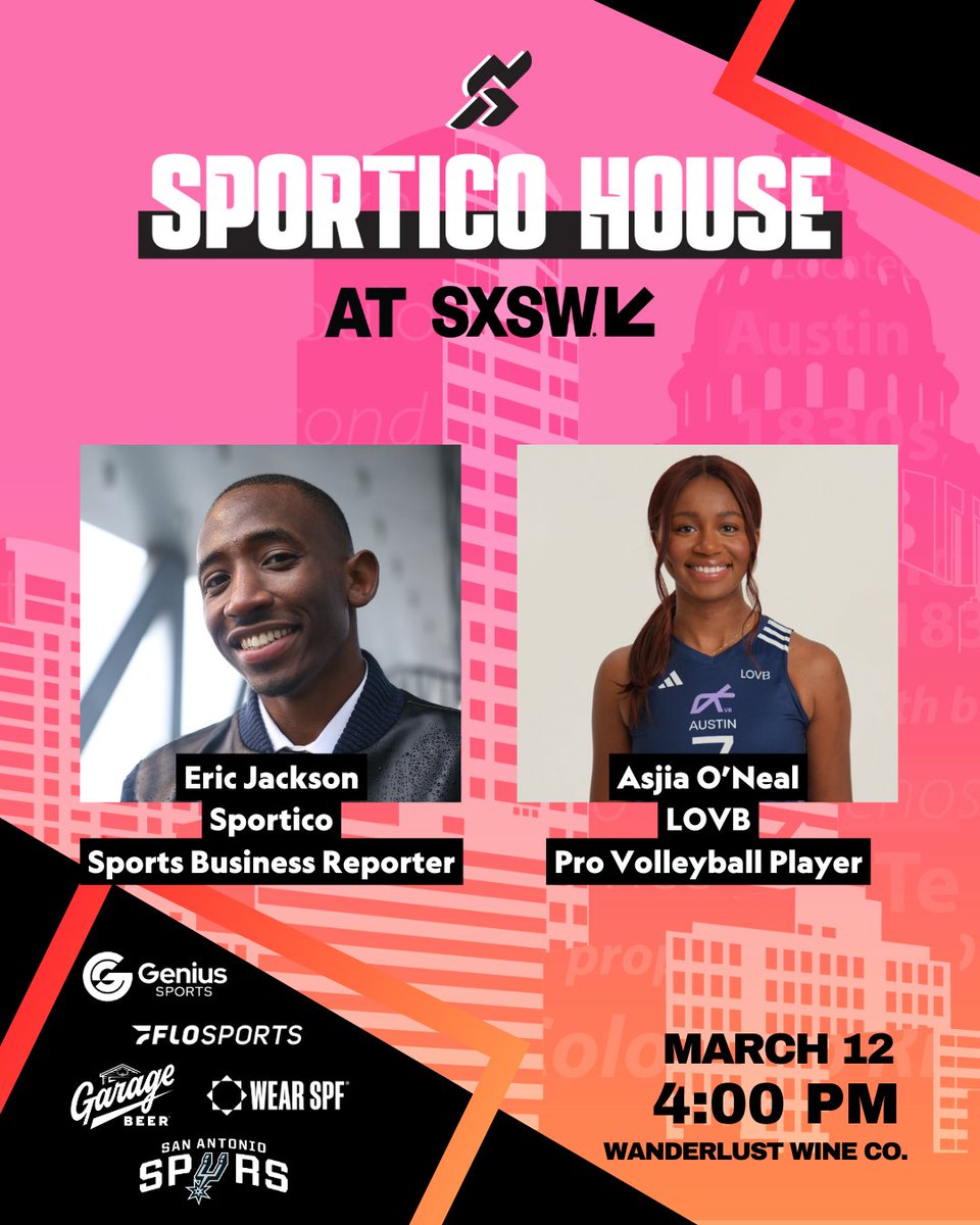 Up next at 4:00PM at the Sportico House: Special guest <a href="/asjiaoneal/">Asjia O’Neal</a>, 2x National Champion with <a href="/TexasVolleyball/">Texas Volleyball</a> and current <a href="/leagueonevb/">League One Volleyball</a> player, joins our own <a href="/epjackson/">Eric Jackson</a> for a live taping of Business Beyond the Game.

Stop by at Wanderlust Wine Co. Downtown location!

#sxsw