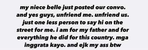 kcmbsuperstar's tweet photo. ‘EJK my ass.’ That’s how Kitty Duterte mocked the thousands murdered in her father’s war on drugs.

She’s a drug user herself &amp; if u claim to be anti-Du30 but stay friends with her, you’re an enabler, validating her privilege &amp; hypocrisy, &amp; ignoring the blood her family spilled. https://t.co/URZm00HLhm