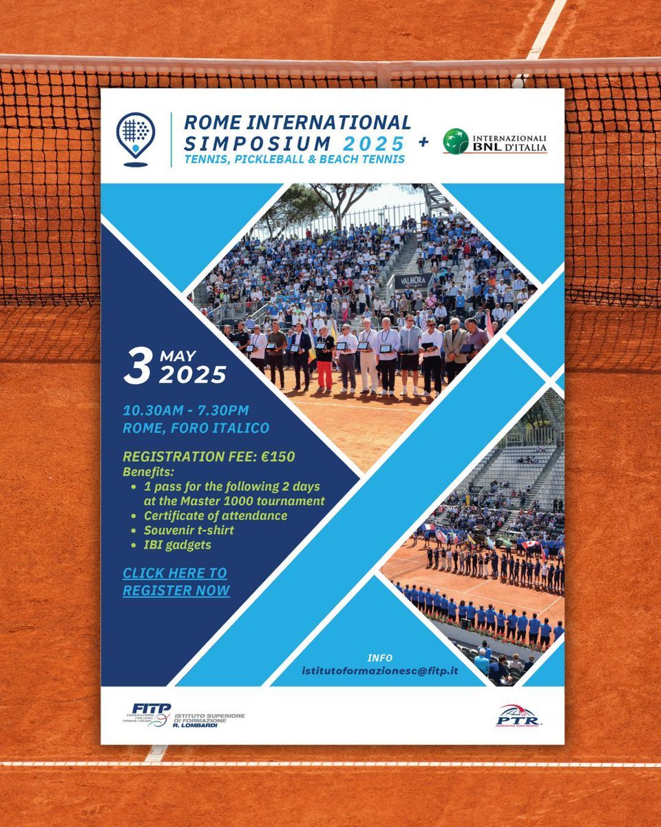Join us for the Rome International Symposium 2025! 

Mark your calendars for May 3, 2025, from 10:30 AM to 7:30 PM at Foro Italico, Rome, alongside the Internazionali BNL d’Italia Master 1000 tournament! 🇮🇹

REGISTER → form.jotform.com/250501348197355 

<a href="/ptr/">ptr</a>.italia