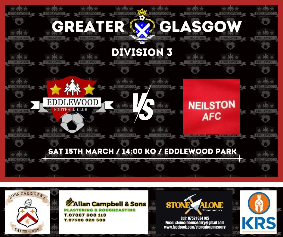 Eddlewood AFC (@eddlewood_afc) on Twitter photo Next up we have the reverse fixture from a couple of weeks ago against Neilston AFC where we were less than impressive.
Looking to raise our performance levels considerably if we are to get a result here against a team in red hot form 🔴⚫️
⚽️ Eddlewood 🆚️ <a href="/NeilstonAFC/">NeilstonAFC</a> ⚽️ Next up we have the reverse fixture from a couple of weeks ago against Neilston AFC where we were less than impressive.
Looking to raise our performance levels considerably if we are to get a result here against a team in red hot form 🔴⚫️
⚽️ Eddlewood 🆚️ <a href="/NeilstonAFC/">NeilstonAFC</a> ⚽️