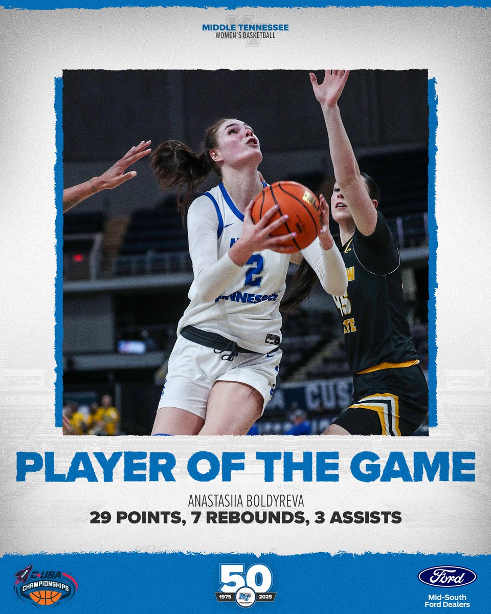 Middle Tennessee Women's Basketball (@mt_wbb) on Twitter photo With a season high 29 points, Anastasiia Boldyreva is your <a href="/MidSouthFord/">Mid-South Ford</a> Player of the Game in the <a href="/ConferenceUSA/">Conference USA</a> quarterfinals!
#TrueBlue | #Team50 With a season high 29 points, Anastasiia Boldyreva is your <a href="/MidSouthFord/">Mid-South Ford</a> Player of the Game in the <a href="/ConferenceUSA/">Conference USA</a> quarterfinals!
#TrueBlue | #Team50