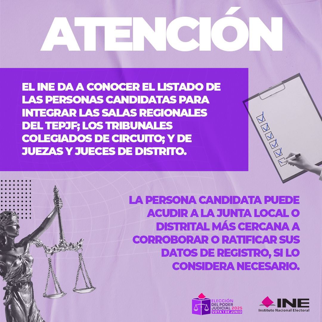 📌Consulta aquí el listado preliminar de las personas candidatas para la elección de los cargos de las Salas Regionales del Tribunal Electoral del Poder Judicial de la Federación; Magistraturas de Tribunales de Circuito; y Juzgados de Distrito.

🔗ine.mx/listado-candid…