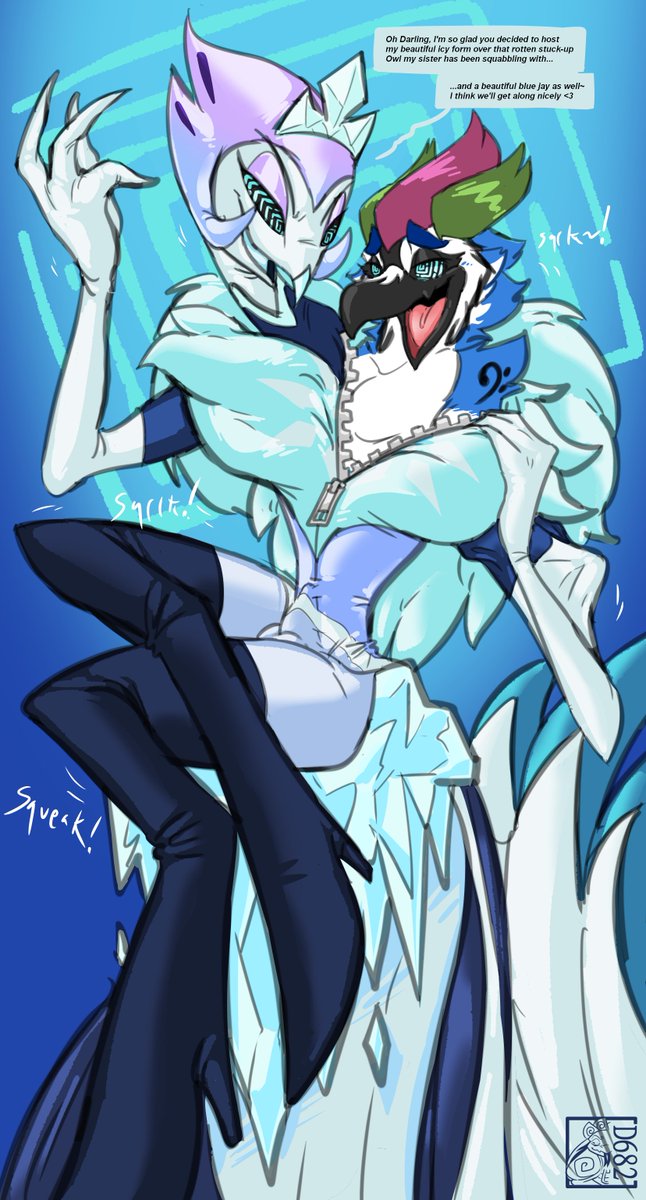 for gatsby_corvid on FA, we see their cute bird getting squeezed into a  very flirty suit of andrealphus from helluva boss &lt;3 the two seem to  be a perfect match @///@