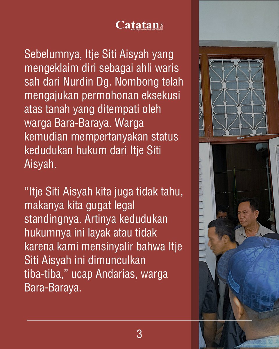 Sidang perdana dengan gugatan perlawanan eksekusi yang dilayangkan oleh Warga Bara-barayya berlangsung pada siang (11/03/2025) di Pengadilan Negeri Makassar, di Ruangan Prof. Oemar Seno Adji.
__
Selengkapnya link in bio atau kunjungi 
catatankaki.org/2025/03/12/sid…