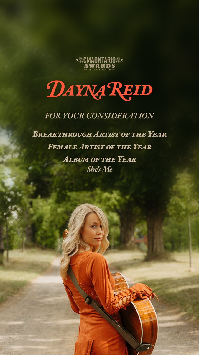 Dayna Reid (@daynareidmusic) on Twitter photo Super thankful I’ve made it to the first ballot for Album of the Year, Female Artist of the Year & Breakthrough Artist of the Year at this year’s <a href="/theCMAOntario/">theCMAOntario</a> awards! Thanks to everyone who voted & I would really appreciate the continued support!✌️🤍 Congrats to everyone else! Super thankful I’ve made it to the first ballot for Album of the Year, Female Artist of the Year & Breakthrough Artist of the Year at this year’s <a href="/theCMAOntario/">theCMAOntario</a> awards! Thanks to everyone who voted & I would really appreciate the continued support!✌️🤍 Congrats to everyone else!