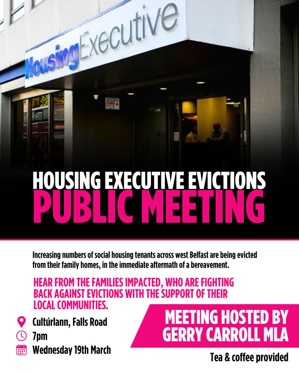 Gerry Carroll (@gerrycarrollpbp) on Twitter photo Evictions destabilise lives and tear apart communities - whether they're carried out by private or public landlords.
Come along next Wednesday to hear directly from the families fighting back against evictions in west Belfast, as well as <a href="/catubelfast/">CATU Belfast</a>, <a href="/jmurf93/">JackMurphy</a> and Tar Isteach Evictions destabilise lives and tear apart communities - whether they're carried out by private or public landlords.
Come along next Wednesday to hear directly from the families fighting back against evictions in west Belfast, as well as <a href="/catubelfast/">CATU Belfast</a>, <a href="/jmurf93/">JackMurphy</a> and Tar Isteach