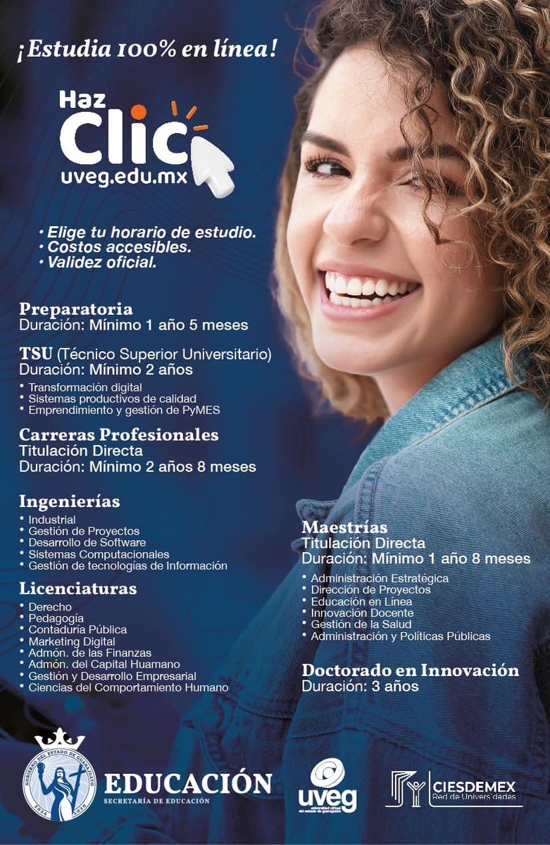 ciesdemex_org's tweet photo. 🎓 ¡Estudia en línea con @UVEGonline! 🌐

✅ Prepa, TSU, Licenciaturas, Maestrías y Doctorado.
✅ Inscripciones todo el año.
✅ Horarios flexibles y validez oficial.

🔗 Más info: https://t.co/j7LXStSlkq

#UVEG #EducaciónEnLínea #CIESDEMEX #ValidezOficial https://t.co/MMY2rjMh06