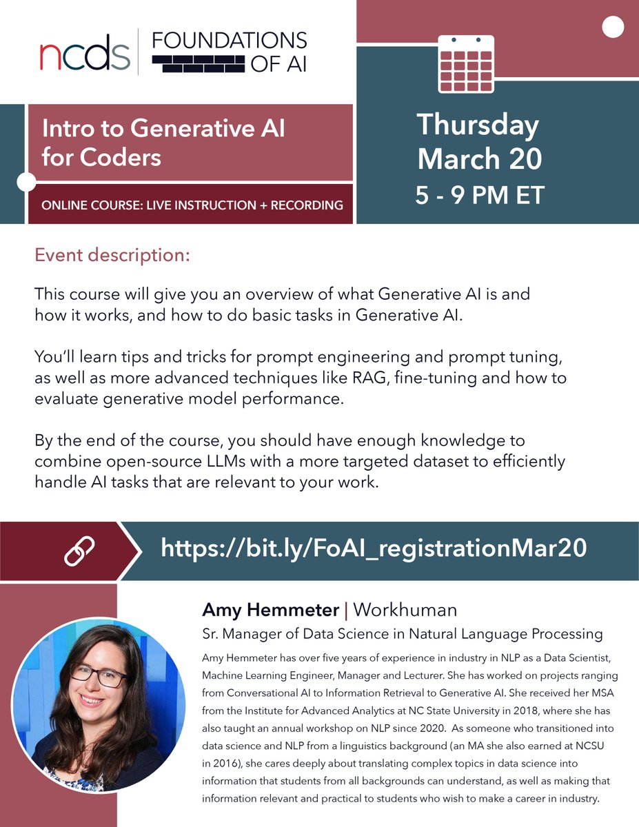 TheNCDS's tweet photo. #TheNCDS is excited to announce our next #FoundationsofAI course: Intro to #GenerativeAI for Coders with Amy Hemmeter. The half-day course on May 16 will cover basics of #promptengineering, #prompttuning, #RAG, and more. #datascience.

Register here: https://t.co/a9YhajZfL5 https://t.co/W3SDYQhpfC