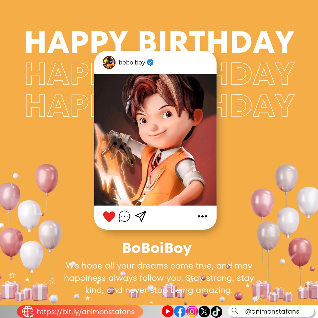 "Happy Birthday, Boboiboy! Semoga makin kuat, makin hebat, dan terus berjuang untuk kebaikan. Jadilah pahlawan yang tak kenal lelah, selalu melindungi yang lemah, dan terus berkembang dengan kekuatan luar biasa. #HappyBirthdayBoboiboy #Monsta #BoBoiBoy