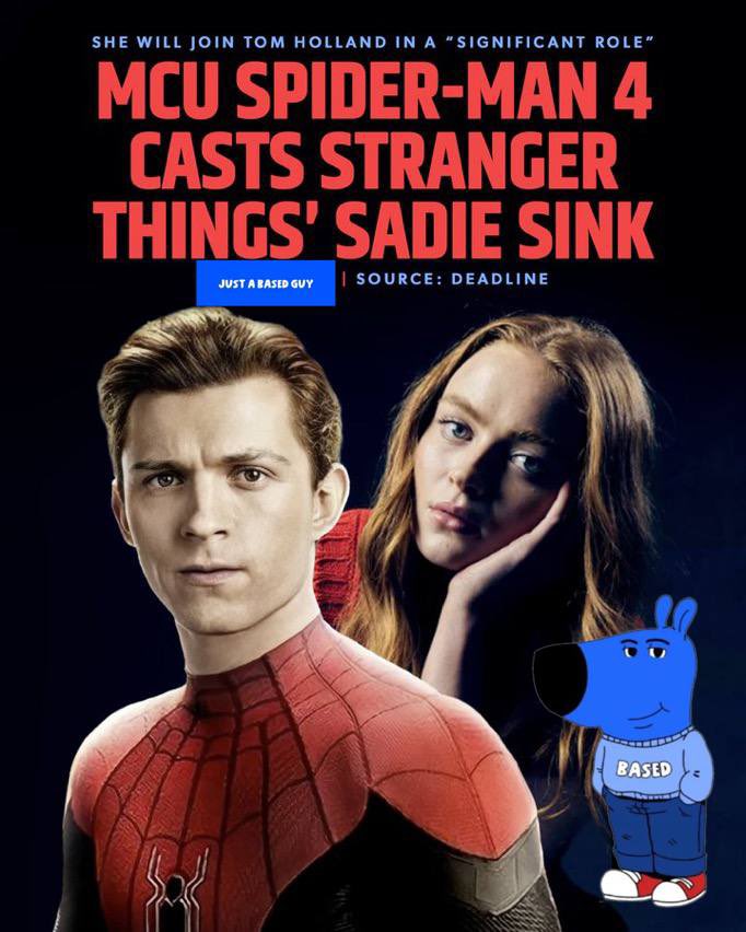 BasedGuyMeme's tweet photo. based guy Tom Holland’s #SpiderMan4 with Sadie Sink from #StrangerThings? Epic.
#SpiderMan #BasedGuy CA: is #based 0xba5ed8a0e261bf2a5ad629d4d5de884ccbfdf3f7 https://t.co/59elX99Yoz
