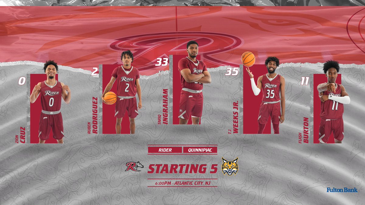 Rider Men’s Basketball (@ridermbb) on Twitter photo Starting 5 presented by <a href="/FultonBank/">Fulton Bank Customer Support</a>
0️⃣ | 2️⃣ | 1️⃣1️⃣ | 3️⃣3️⃣ | 3️⃣5️⃣
Tip at 6 p.m. vs. top-seeded Quinnipiac
📺 ESPN+ espn.com/watch/player/_…
📻streamdb4web.securenetsystems.net/v5/index.cfm?s…
📊 stats.statbroadcast.com/broadcast/?id=…
#GoBroncs #maAChoops25 #BroncsToTheBoardwalk Starting 5 presented by <a href="/FultonBank/">Fulton Bank Customer Support</a>
0️⃣ | 2️⃣ | 1️⃣1️⃣ | 3️⃣3️⃣ | 3️⃣5️⃣
Tip at 6 p.m. vs. top-seeded Quinnipiac
📺 ESPN+ espn.com/watch/player/_…
📻streamdb4web.securenetsystems.net/v5/index.cfm?s…
📊 stats.statbroadcast.com/broadcast/?id=…
#GoBroncs #maAChoops25 #BroncsToTheBoardwalk