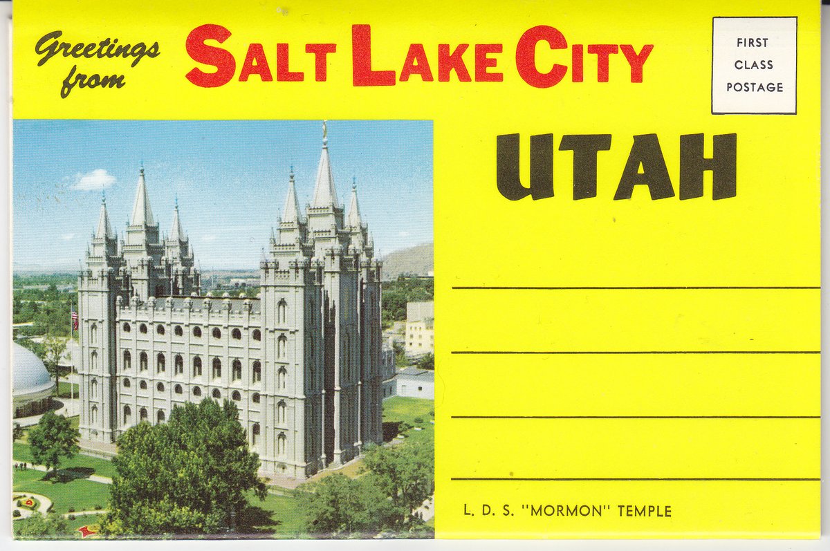 MarjeMolder's tweet photo. This #vintage folder #postcard w/14 views of #SaltLakeCity #Utah features the #historic #buildings #TempleSquare #StateCapitol aerial views of the city and snowy mountains #EagleGate (a 1859 monument to honour #BrigamYoung 1st #govenor of Utah territory)- is PUN #deltiology https://t.co/KOZuRqbHqD