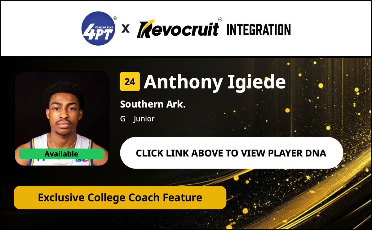 CBB Transfer Portal Spotlight

Anthony Igiede
6'4" 190
Guard
Southern Arkansas 

2024-25 Stats (28 Games):
📊 11.6 PPG, 5.5 RPG, 1.8 APG, 47.0 FG%

Coach Exclusive Revocruit Player DNA:
🔗 applink.revocruitathlete.com/player/36954

#TP4PT #TransferPortal