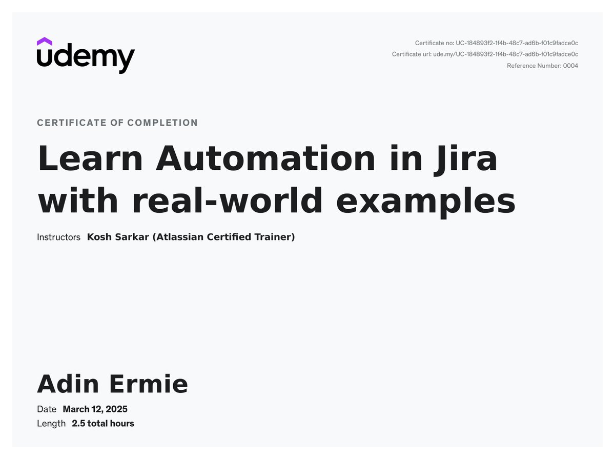 Just completed the "Learn Automation in Jira" course by <a href="/koshsarkar/">Kosh</a> on <a href="/udemy/">Udemy</a>
- Clear, simple and practical examples
- The course built on the basics to creating more advanced rules with smart values
- ude.my/UC-184893f2-1f…
#Jira #Automation #ITSM #LifeLongLearning #Udemy