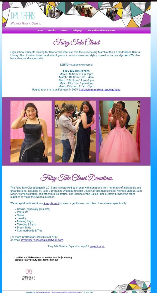 High school students looking for free formal wear can raid the closet every March at the J. Erik Jonsson Central Library. The closet includes hundreds of gowns in various sizes and styles, as well as suits.