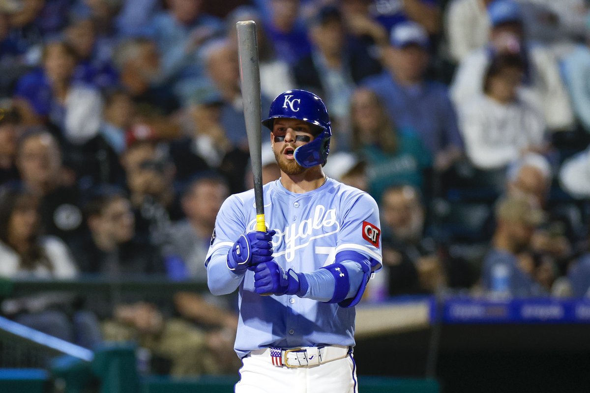 MLBONFOX's tweet image. Bobby Witt Jr. left today's game after being hit by a pitch in the left hand/wrist area, per @anne__rogers