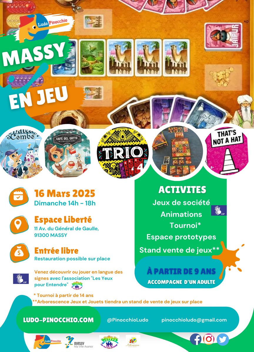 Ludo Pinocchio (@ludopinocchio) on Twitter photo <a href="/LudoPinocchio/">Ludo Pinocchio</a> vous invite dimanche 16 mars à l'espace liberté de <a href="/villedemassy/">Ville de Massy</a> pour une après midi dédiée au jeux de société avec 40 tables, des créateurs de jeux, et un tournoi gratuit du jeux Jaipur à partir de 15h00. Préinscritpion sur Helloasso en recherchant ludo pinocchio <a href="/LudoPinocchio/">Ludo Pinocchio</a> vous invite dimanche 16 mars à l'espace liberté de <a href="/villedemassy/">Ville de Massy</a> pour une après midi dédiée au jeux de société avec 40 tables, des créateurs de jeux, et un tournoi gratuit du jeux Jaipur à partir de 15h00. Préinscritpion sur Helloasso en recherchant ludo pinocchio