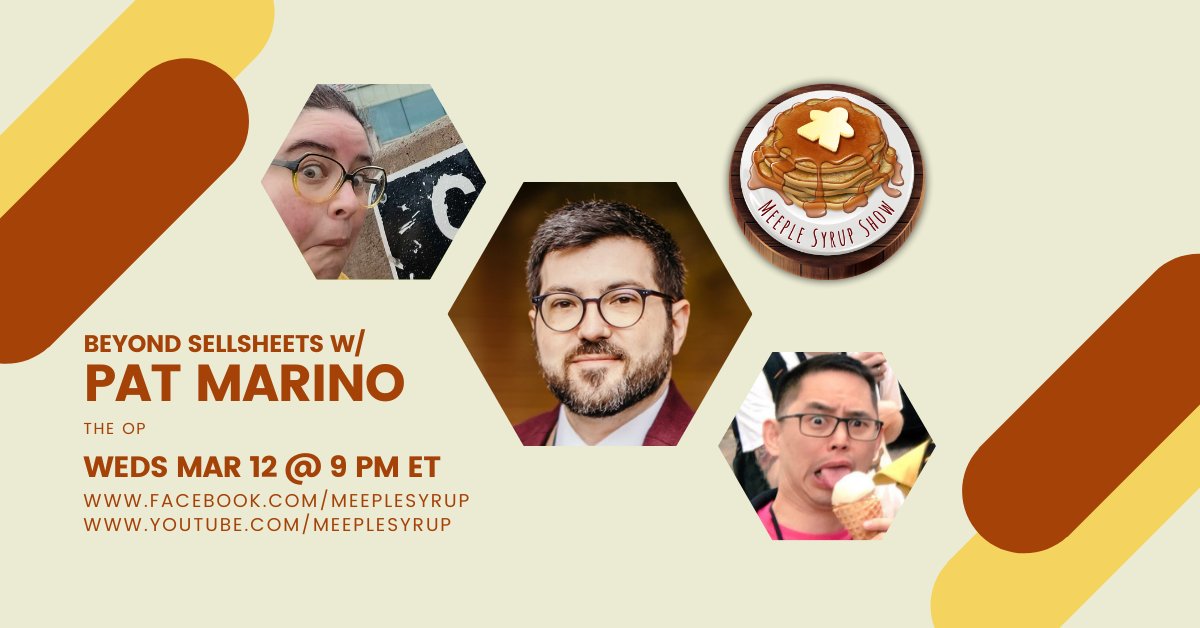 Meeple Syrup (@meeplesyrup) on Twitter photo Tonight at 9PM ET (UTC -5) <a href="/SenFoongLim/">Sen-Foong Lim</a> and <a href="/DrayerInk/">Drayer Ink β‘οΈ BlueSky β€π§‘πππππ€</a> welcome Pat Marino from <a href="/TheOpGames/">The Op Games</a> to talk about other formats used to pitch games to publishers beyond the faithfull sellsheet.
Join us live at facebook.com/MeepleSyrup or youtube.com/MeepleSyrup Tonight at 9PM ET (UTC -5) <a href="/SenFoongLim/">Sen-Foong Lim</a> and <a href="/DrayerInk/">Drayer Ink β‘οΈ BlueSky β€π§‘πππππ€</a> welcome Pat Marino from <a href="/TheOpGames/">The Op Games</a> to talk about other formats used to pitch games to publishers beyond the faithfull sellsheet.
Join us live at facebook.com/MeepleSyrup or youtube.com/MeepleSyrup