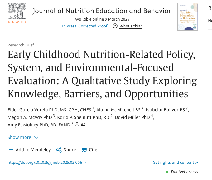 Nutrition Education & Behavioral Science Lab (@ufnebs_lab) on Twitter photo NEBS lab alumna Dr. Elder Varela <a href="/ElderGVarela1/">Elder G. Varela, PhD, MS, CPH, CHES®</a> recently published an article in JNEB! Her study, part of her UF dissertation, explores early childhood nutrition PSE change strategies evaluation within SNAP-Ed.
Congrats, Dr. Varela! Access it here: authors.elsevier.com/a/1kkHB5KxDO33… NEBS lab alumna Dr. Elder Varela <a href="/ElderGVarela1/">Elder G. Varela, PhD, MS, CPH, CHES®</a> recently published an article in JNEB! Her study, part of her UF dissertation, explores early childhood nutrition PSE change strategies evaluation within SNAP-Ed.
Congrats, Dr. Varela! Access it here: authors.elsevier.com/a/1kkHB5KxDO33…