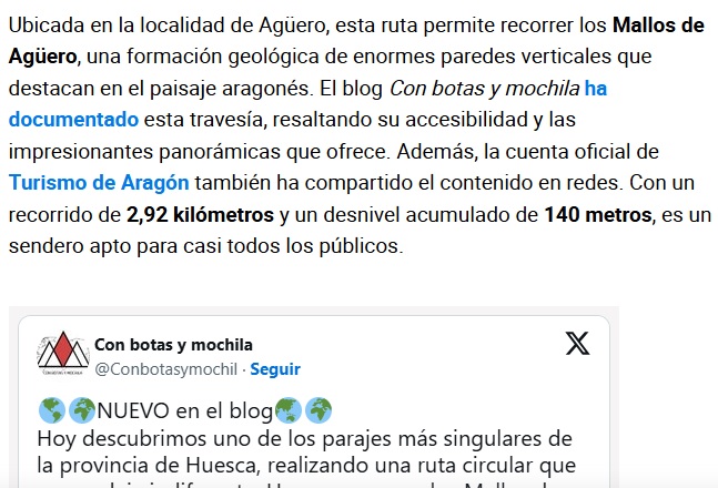 Con botas y mochila (@conbotasymochil) on Twitter photo Pues vemos que <a href="/elconfidencial/">El Confidencial</a> publica un artículo sobre los Mallos de Agüero (o sobre nuestra estancia allí, telita con la redacción...), resumiendo nuestra publicación y poniendo cuatro datos que bien podrían estar escritos por una IA.
Lamentable la "prensa" hoy en día... Pues vemos que <a href="/elconfidencial/">El Confidencial</a> publica un artículo sobre los Mallos de Agüero (o sobre nuestra estancia allí, telita con la redacción...), resumiendo nuestra publicación y poniendo cuatro datos que bien podrían estar escritos por una IA.
Lamentable la "prensa" hoy en día...