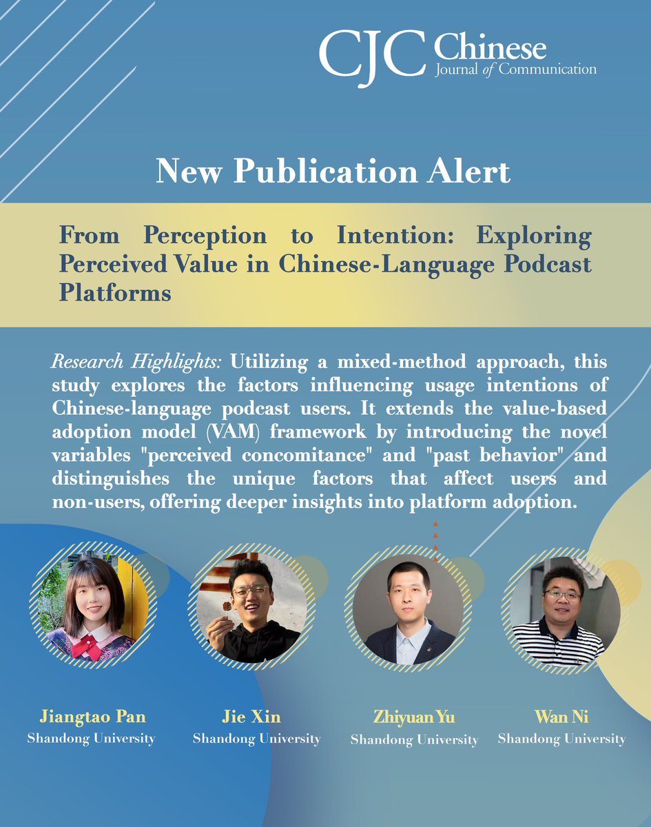 New pub alert! Pan et al. explored the factors influencing the usage intentions of Chinese-language podcast users. It extends the value-based adoption model framework by introducing the novel variables perceived concomitance and past behavior.

Read here: doi.org/10.1080/175447…