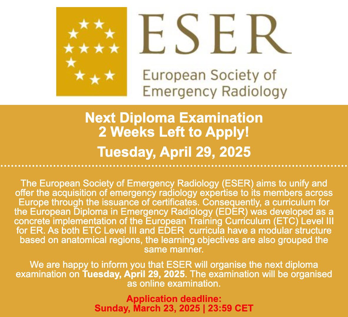 ESER (@eseradiology) on Twitter photo Interested in the EDER, but you have no idea how to start/proceed?
Send an email to office@eser-society.org – we will be happy to assist you!
Check out the benefits of becoming an European Certified Emergency Radiologist
eser-society.org/eder/ Interested in the EDER, but you have no idea how to start/proceed?
Send an email to office@eser-society.org – we will be happy to assist you!
Check out the benefits of becoming an European Certified Emergency Radiologist
eser-society.org/eder/