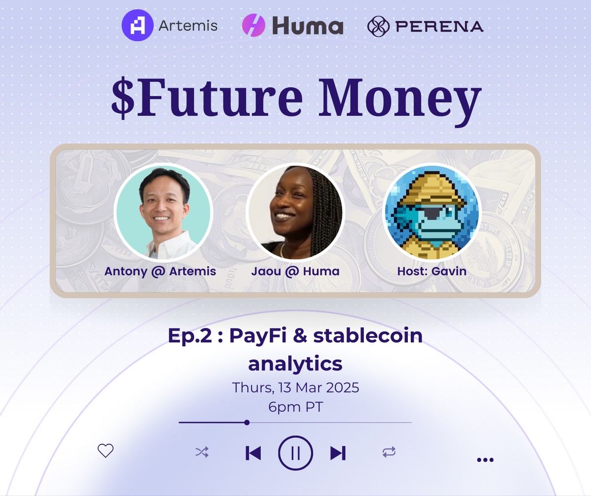 Perena (@perena__) on Twitter photo What is Future Money?
In collab with <a href="/humafinance/">Huma Finance ๐ฃ</a>
Hear from Antony from <a href="/artemis/">Artemis</a> & <a href="/jaoudefi/">Jaou</a> from <a href="/humafinance/">Huma Finance ๐ฃ</a>
on PayFi & stablecoin analytics
Date: Thurs, 13 Mar 2025
Time: 6-6.30pm PT What is Future Money?
In collab with <a href="/humafinance/">Huma Finance ๐ฃ</a>
Hear from Antony from <a href="/artemis/">Artemis</a> & <a href="/jaoudefi/">Jaou</a> from <a href="/humafinance/">Huma Finance ๐ฃ</a>
on PayFi & stablecoin analytics
Date: Thurs, 13 Mar 2025
Time: 6-6.30pm PT