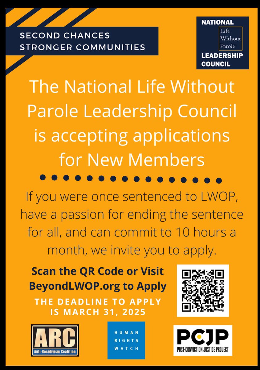 Members of the National Life Without Parole Leadership Council are (like me) people who survived a sentence to die in prison &amp; are now working to end the sentence for all. We're accepting applications for new members! Learn more here &amp; consider applying: bit.ly/ApplyNLC2025
