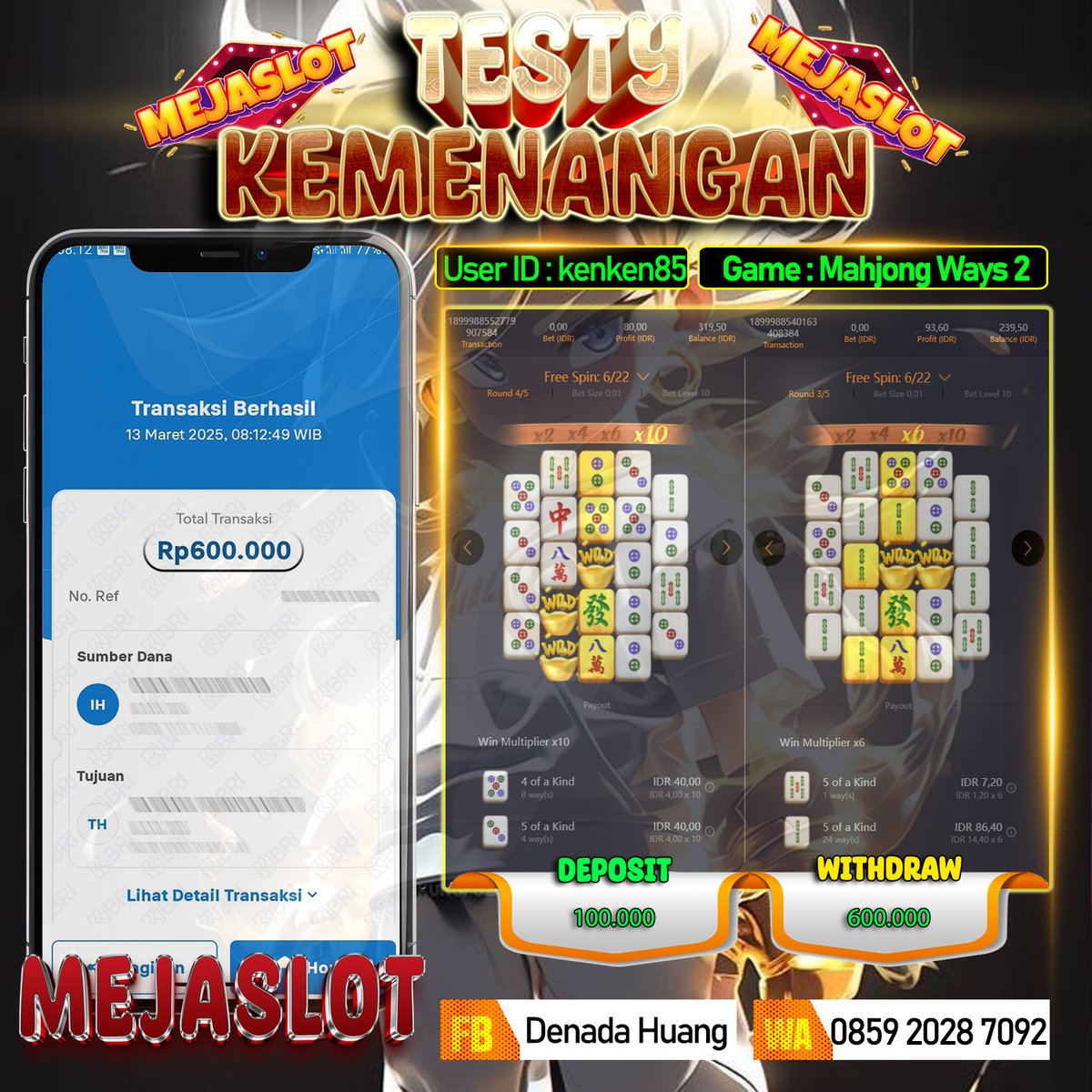 mejaslot_Offc's tweet photo. Selamat atas Kemenangan nya di Mejaslot 
100 ➡️ 600
Kamsia Siang ini dapat rejeki
=======================
🌐 Ketik Google : MEJASLOT(.)XYZ
📞 Wa Offc : https://t.co/vk0Rvp2caW
#mejaslot #Situsterpercaya #slotgacorhariini https://t.co/MZZ20Gd5xY