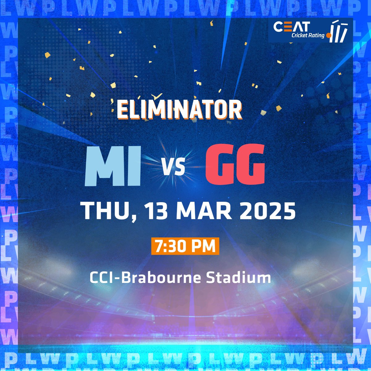 CEAT_CCR's tweet photo. In the six meetings so far in WPL between MI and GG, Mumbai have emerged victorious every single time. And while they are at it, the Giants need a plan to stop Harmanpreet Kaur and co in the Eliminator clash at CCI tonight!

#CeatCricket #WPL2025 https://t.co/kvtFUgnKqL