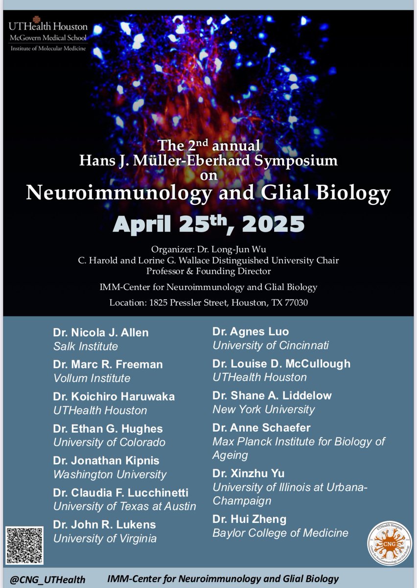 Wu Lab at UTHealth (@longjun_wu) on Twitter photo The program is now finalized for the 2nd annual Hans J. MĂźller-Eberhard Symposium on Neuroimmunology and Glial Biology! The event will be held <a href="/CNG_UTHealth/">CNG at UTHealth Houston</a> at Institute of Molecular Medicine <a href="/McGovernMed/">McGovern Med School</a> <a href="/UTHealthHouston/">UTHealth Houston</a>. Thanks all committed speakers and sponsors! Stay tuned! The program is now finalized for the 2nd annual Hans J. MĂźller-Eberhard Symposium on Neuroimmunology and Glial Biology! The event will be held <a href="/CNG_UTHealth/">CNG at UTHealth Houston</a> at Institute of Molecular Medicine <a href="/McGovernMed/">McGovern Med School</a> <a href="/UTHealthHouston/">UTHealth Houston</a>. Thanks all committed speakers and sponsors! Stay tuned!
