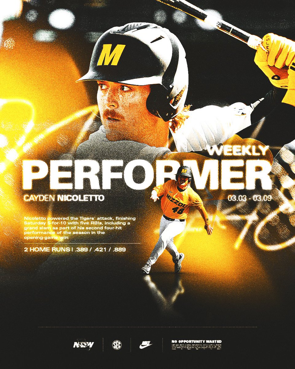 Our top performer of the week, 1B/OF 𝗖𝗮𝘆𝗱𝗲𝗻 𝗡𝗶𝗰𝗼𝗹𝗲𝘁𝘁𝗼, led #Mizzou with 7⃣ hits and 7⃣ runs scored, including his second 4⃣-hit game as a Tiger!

#𝙈𝙞𝙯𝙯𝙤𝙪𝙉𝙊𝙒 | 🐯⚾️